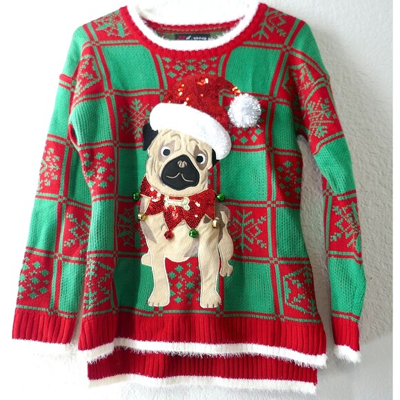 UGLY CHRISTMAS SWEATER PUG DOG JINGLE BELLS 33 DEGREES WOMEN'S PLAID  SIZE S - Picture 1 of 6